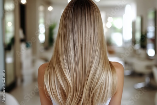 Hairdresser demonstrating the stunning results of a hair treatment on a blonde woman with long, straight hair, surrounded by the bright and inviting atmosphere of a modern beauty salon