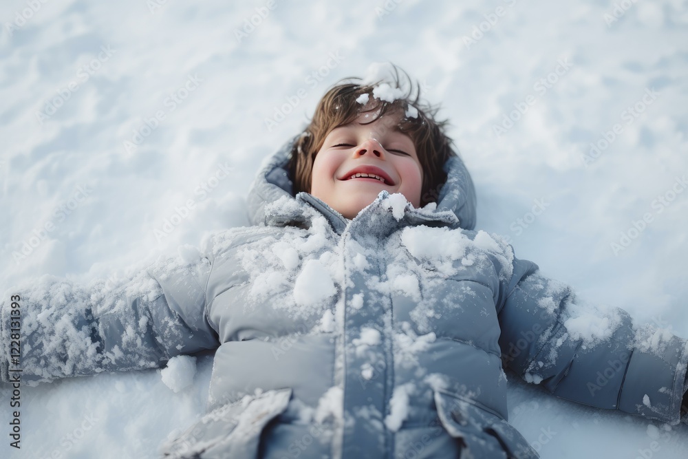 Φωτογραφία Carefree boy having fun lying on fresh snow in winter, enjoying a beautiful snow