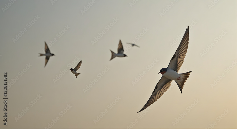 Group of birds in flight against a soft golden sunset, showcasing their wings in motion Group of birds in flight against a soft golden sunset, showcasing their wings in motion