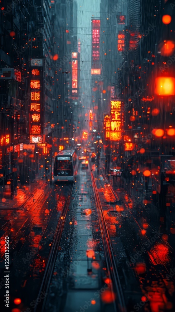 Naklejka premium Vibrant urban street scene at night, featuring glowing neon signs and a tram gliding through rain-soaked streets, evoking a lively, atmospheric city vibe.
