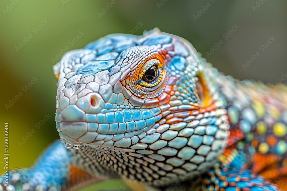 Fototapeta premium Close up of a fiji banded iguana displaying its vibrant and colorful scales in a lush tropical forest setting