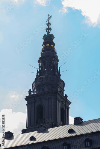 Photography the bell tower of the great beautiful Catholic cathedral in Copenhagen
