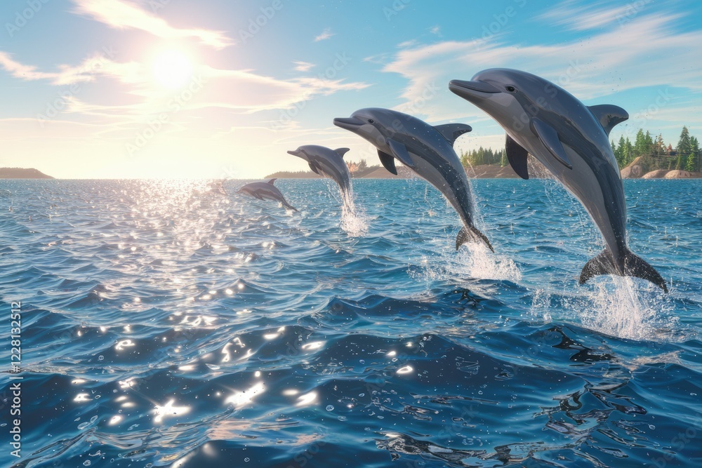 Obraz premium Four dolphins leap joyfully in the ocean at sunset, creating a breathtaking scene.