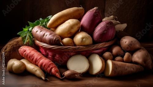 A close-up of various root vegetables, including potatoes, sweet potatoes, and cassava