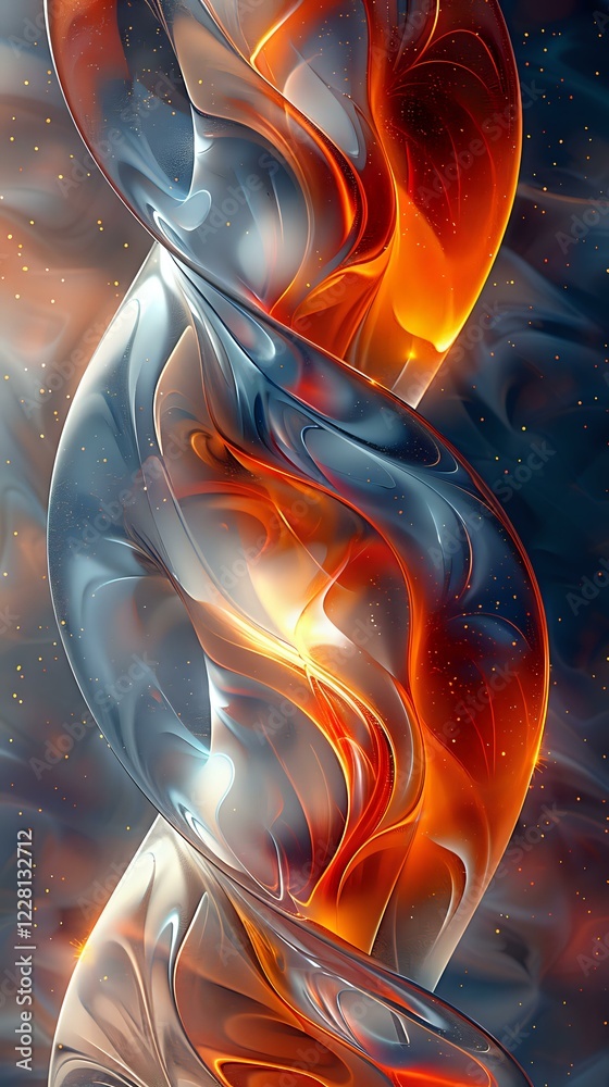 Naklejka premium Abstract fluid art with dynamic orange fire and metallic silver swirls against deep space background. Perfect for modern interior design, phone wallpaper, or creative digital projects.