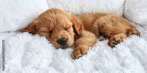 National puppy day with adorable and care idea. Sleepy puppy resting on a fluffy blanket.