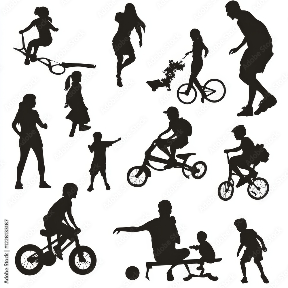 Obraz premium Family people different age outdoors activities hobbies sports and recreation in park vector black silhouettes set large collection.