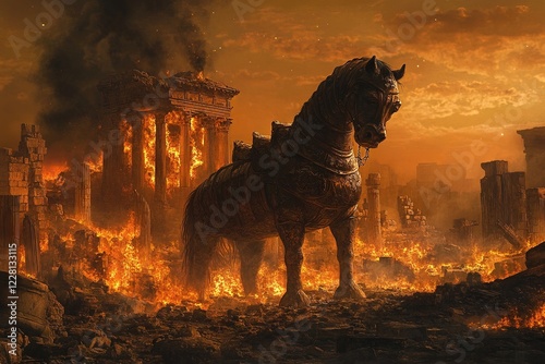 Trojan horse against the burning ruins of Troy. Generative AI
