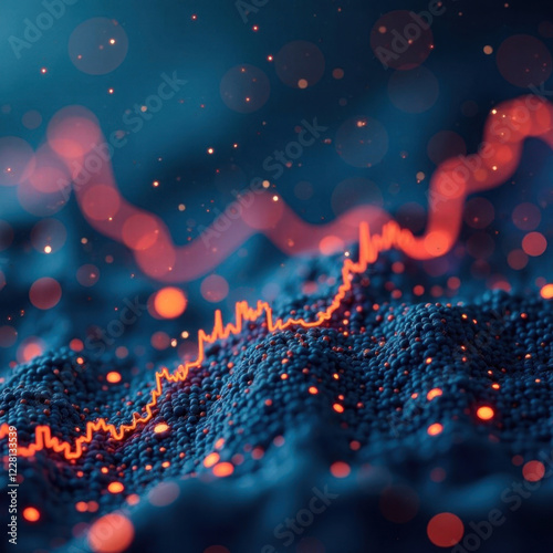 Abstract business graph with sparks and a glowing chart on a dark background with a blurred side like stardust