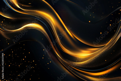 Elegant Flowing Golden Waves with Glowing Particles on a Dark Background, Abstract Futuristic Texture and Luxury Artistic Design