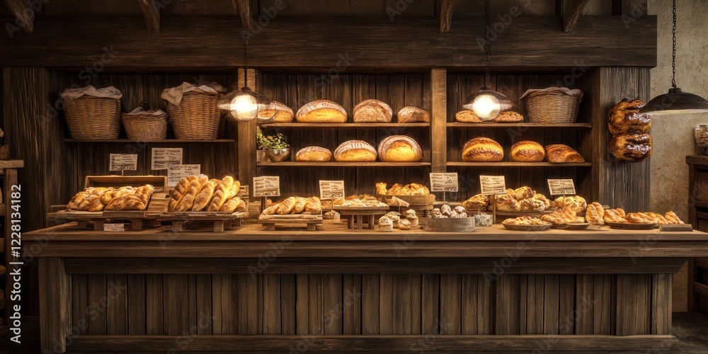 Rustic Bakery Interior: Warm, inviting, and filled with freshly baked bread, pastries, and loaves. Rustic Bakery Interior: Warm, inviting, and filled with freshly baked bread, pastries, and loaves.