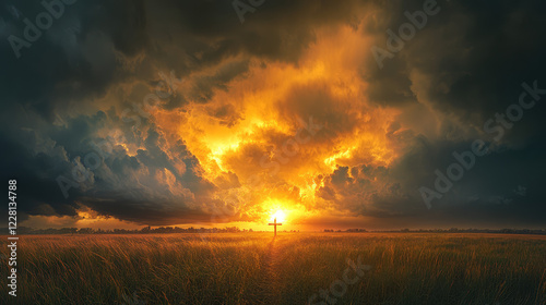 Dramatic Easter Cross Illuminated by Sun Amid Storm Clouds