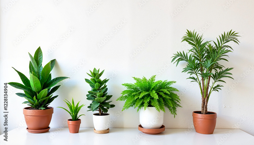 Fototapeta premium Arranged indoor plants on white table against minimalist background
