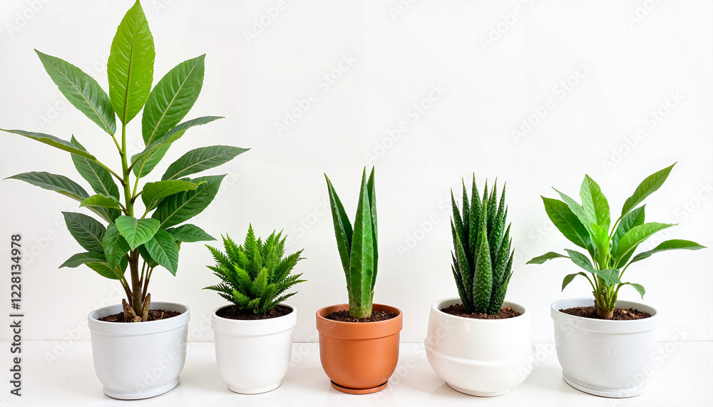 Fototapeta premium Indoor plants in decorative pots against white background