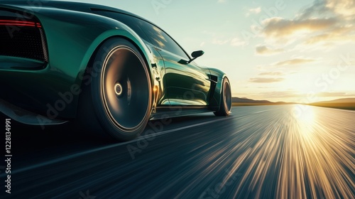 Dynamic sports car driving at sunset