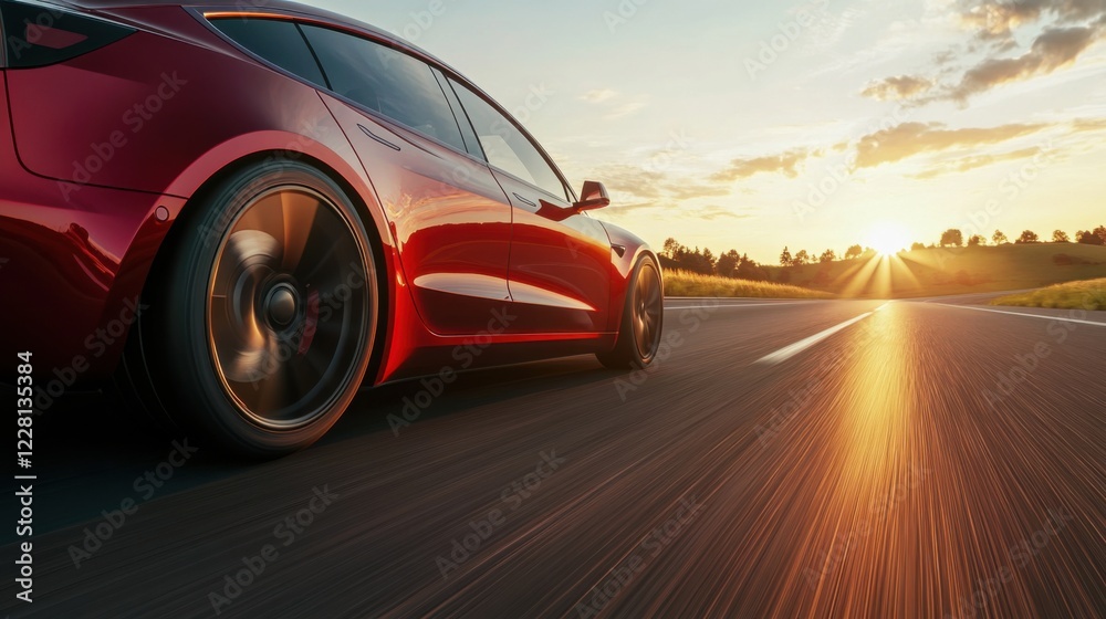 Naklejka premium Red electric car speeding into the sunset