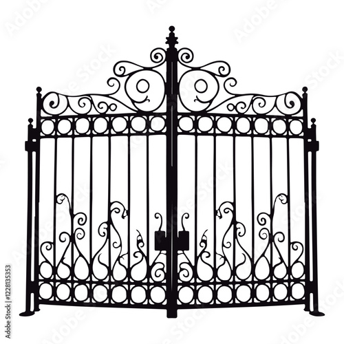 The black silhouette of the wrought iron gate is attractive and ornamental. Vector silhouette of decorative ornamental iron
