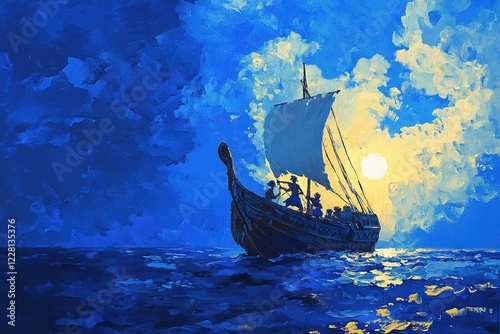 A stunning painting of a Odyssey ship sailing under a bright moonlit sky. Generative AI