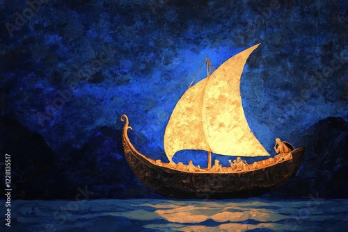 Ship of Odyssey. A luminous sailboat with a glowing sail navigates through a dark, starry night. Generative AI
