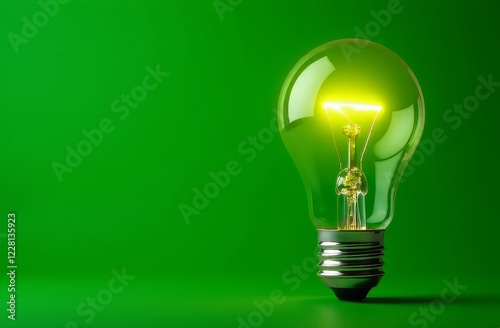 The light bulb is lit on a green background. The concept of the idea, energy, ecology.