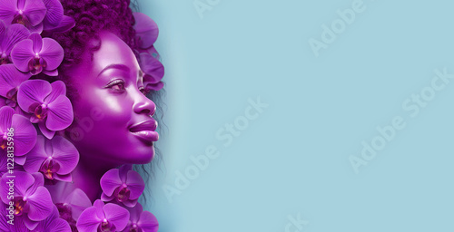 Beautiful young African American black woman, purple woman's face close-up with bloom flowers orchids on blue background. Banner, template, card with empty copy space.