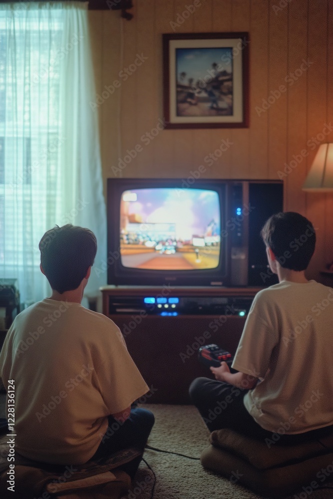 Fototapeta premium Two teenage gamer playing a video game on a vintage TV in a cozy, retro-styled living room. Perfect for themes of nostalgia and home leisure. Generative AI