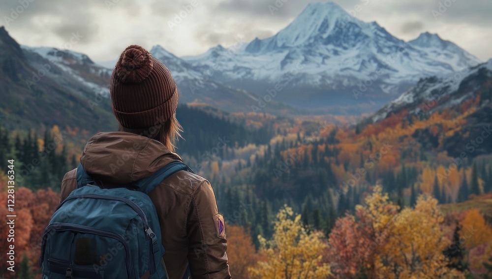 Fototapeta premium Autumnal Mountain Majesty: A Hiker's Gaze
