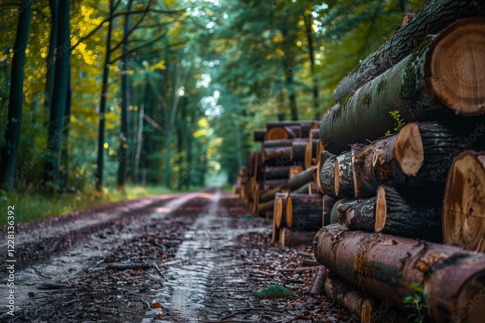 Freshly cut logs stacked along a muddy forest road, highlighting the intersection of nature and human activity Freshly cut logs stacked along a muddy forest road, highlighting the intersection of nature and human activity