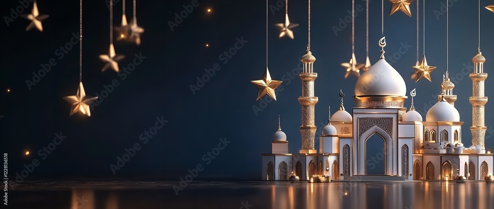 Obraz premium Golden mosque with Arabic ornamental frame in 3D Ramadan Kareem banner, dark background, blank space for text or graphics, greeting card template