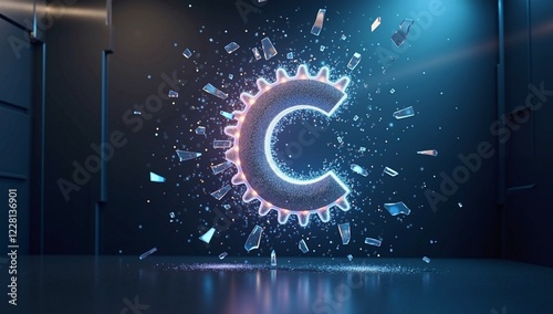 Shattered Glass Wall with Glowing Gears Logo