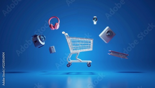 Levitating 3D Shopping Cart with Glowing Wireframe and Floating Products