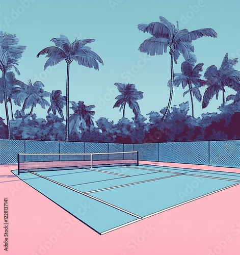 Tennis Court With Palm Trees At Day