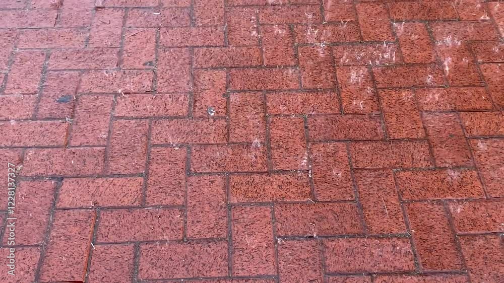 Large Drops of Summer or Autumn Rain Falling onto City Sidewalk, Forming a Puddle and Flooding the Street. Large Drops of Summer or Autumn Rain Falling onto City Sidewalk, Forming a Puddle and Flooding the Street.