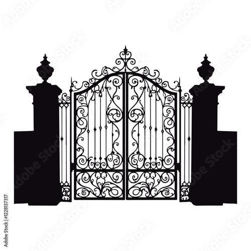 The black silhouette of the wrought iron gate is attractive and ornamental. Vector silhouette of decorative ornamental iron

