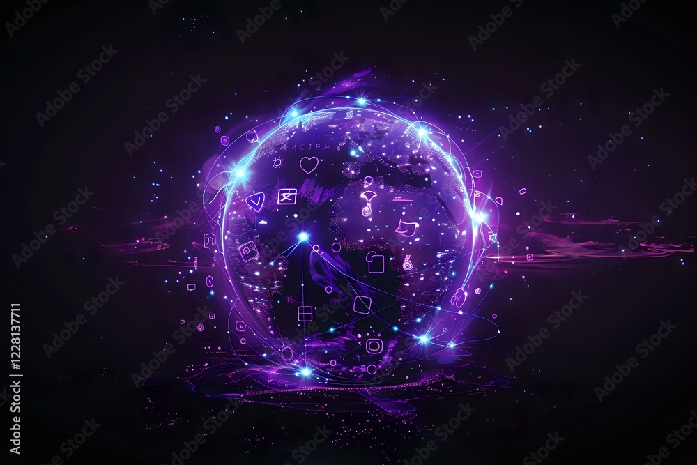 Obraz premium Glowing purple and blue circular portal with floating social media icons and digital elements, perfect for technology and communication design backgrounds.