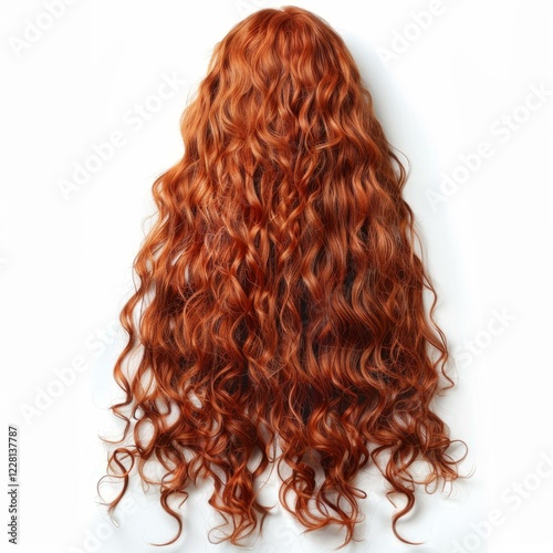 Healthy, vibrant, and flowing red curly hair cascades down against a clean white backdrop, emphasizing its fiery hue and texture photo