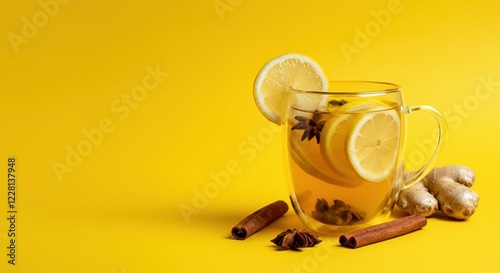Refreshing ginger tea with lemon slices and spices on a vibrant yellow background