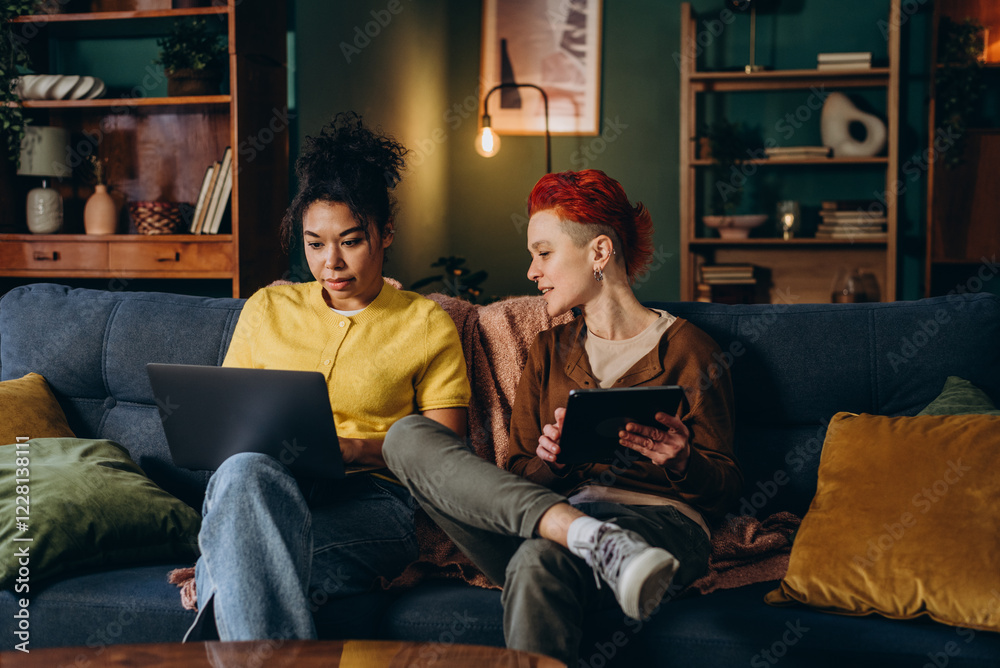 Obraz premium Jealous woman looks at computer expressing distrust of partner 
