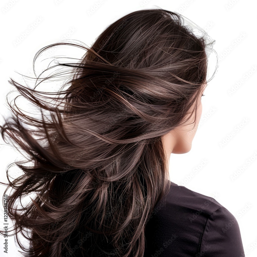 Long brown hair of a young woman flowing in the wind against a white background, creating a sense of movement and freedom Long brown hair of a young woman flowing in the wind against a white background, creating a sense of movement and freedom