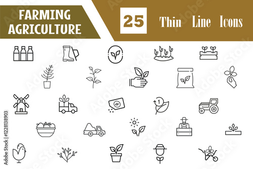Farming agriculture Line Editable Icons set. Farm products, animals, equipment, domestic Cattle, Cow, Chicken, Windmill, Wheat, Corn, Harvesting, farming. farm, farmer and field. Vector illustration