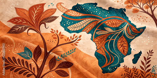 Artistic map of africa with intricate leaf patterns and earth tones