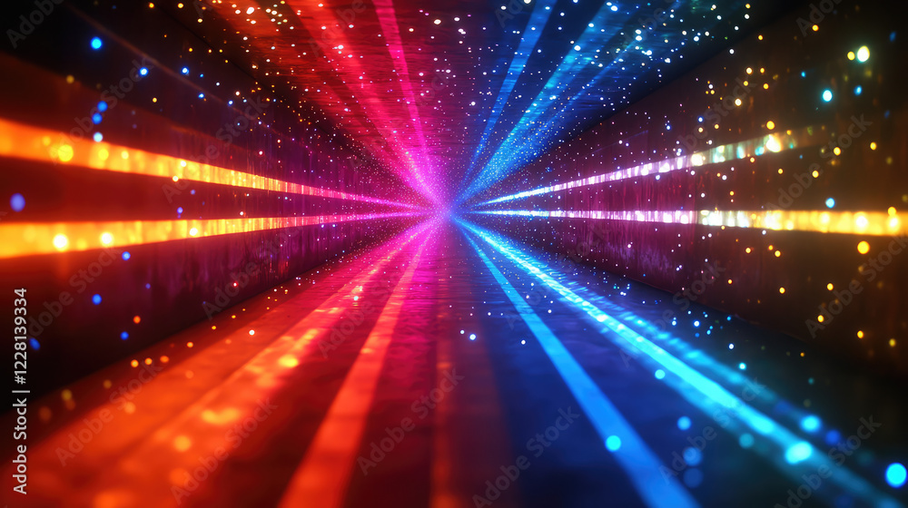 Obraz premium Black background with colorful lights, light beams, blurry cinematic sparkling in the air, glitchcore, glowy iridescence bokeh sparkles. Festive light leak overlay
