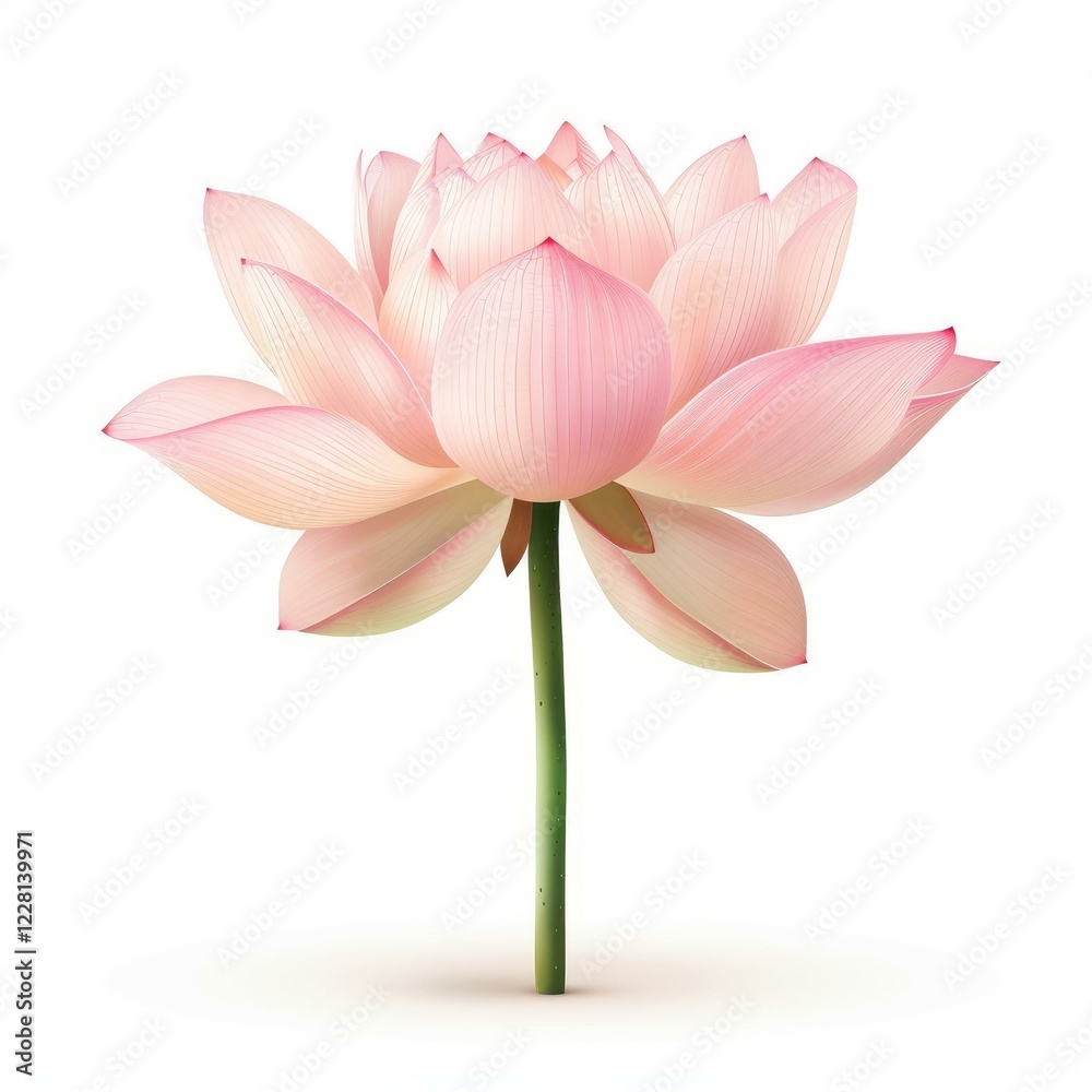 Light pink lotus flower blooming on a thin green stem isolated on white background Light pink lotus flower blooming on a thin green stem isolated on white background