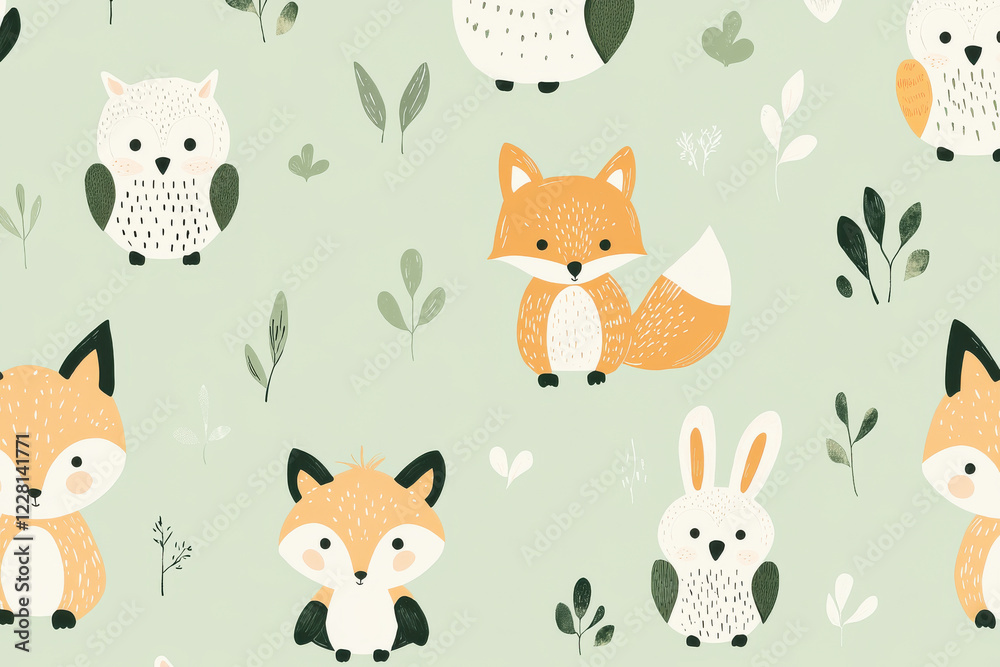 Charming kids pattern featuring playful forest animals like foxes, owls, and rabbits in soft pastel tones on a light green background Charming kids pattern featuring playful forest animals like foxes, owls, and rabbits in soft pastel tones on a light green background