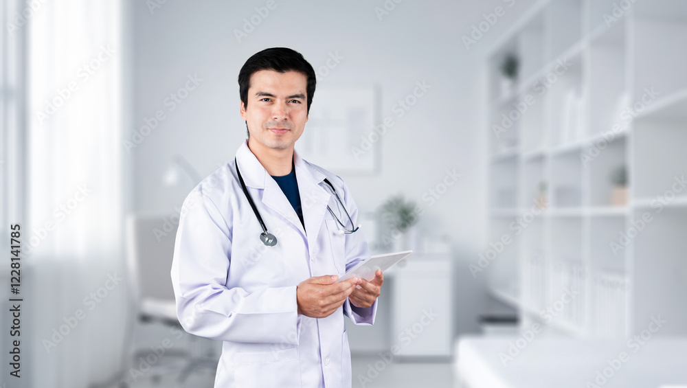 Doctor preparing for look after patient while holding document. Professional asian doctor wearing lab coat and stethoscope and standing at white modern office with blurring background. Ingenuity. Doctor preparing for look after patient while holding document. Professional asian doctor wearing lab coat and stethoscope and standing at white modern office with blurring background. Ingenuity.