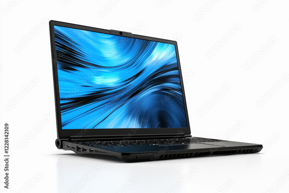 Ergonomic hinge design showcased in laptop with raised screen on a clean white background Ergonomic hinge design showcased in laptop with raised screen on a clean white background