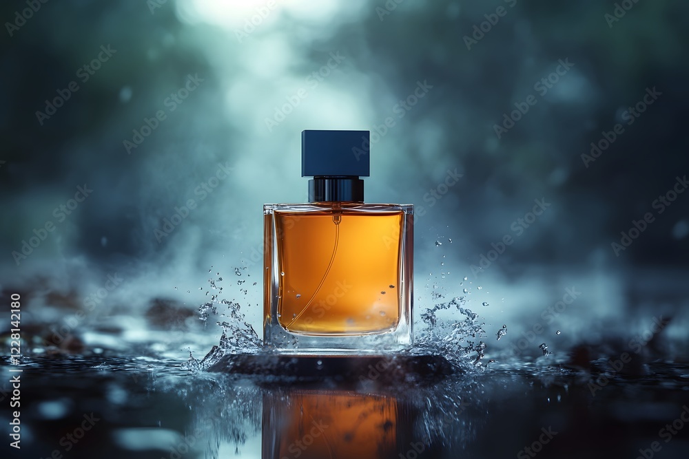 Perfume bottle with dynamic water splashes, high-speed product photography Perfume bottle with dynamic water splashes, high-speed product photography