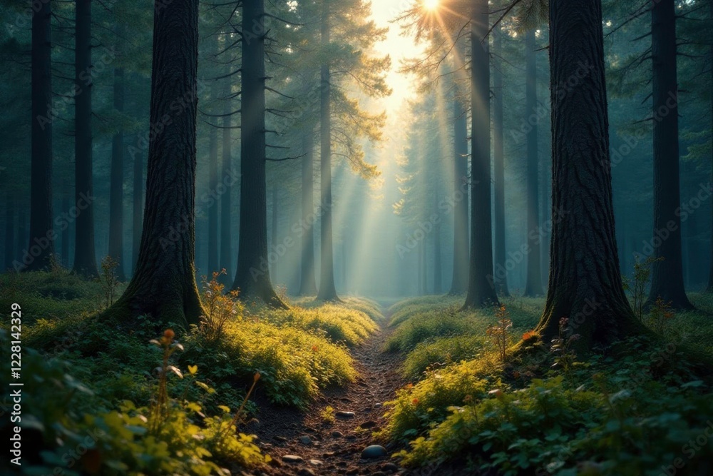 Fototapeta premium Softly glowing forest floor amidst towering spruce trees, woodland, serene landscape