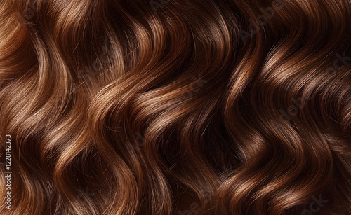 Close-up of curls and frizzy shiny brown-haired hair . brunette Hair curly background ,colorind or shades photo