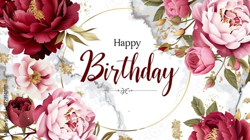 Elegant floral birthday card,  soft pink and deep burgundy flowers, golden circular frame,, calligraphy text 
